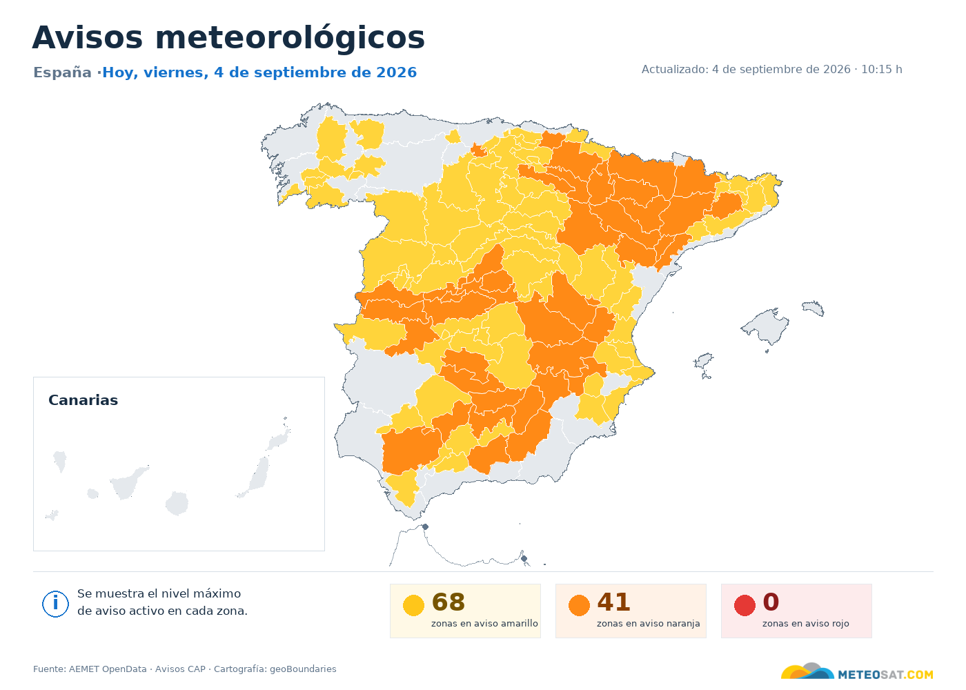 Mapa de avisos meteorológicos de AEMET en España