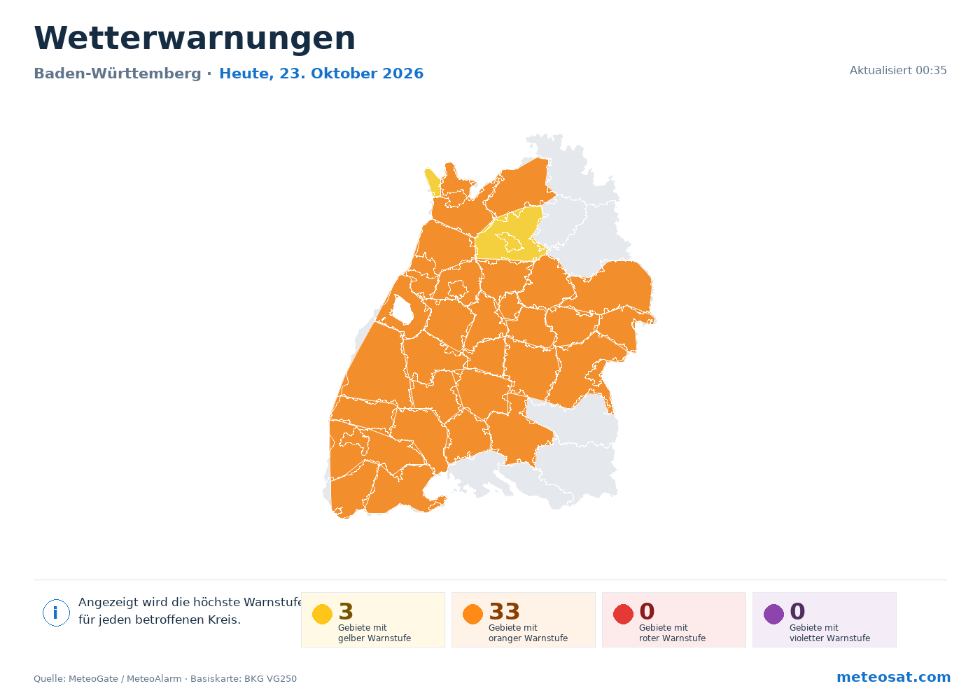 Karte der Wetterwarnungen für Baden-Württemberg