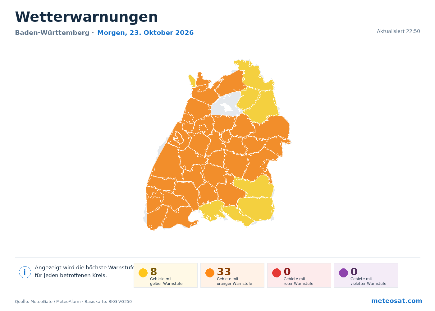 Karte der Wetterwarnungen für Baden-Württemberg