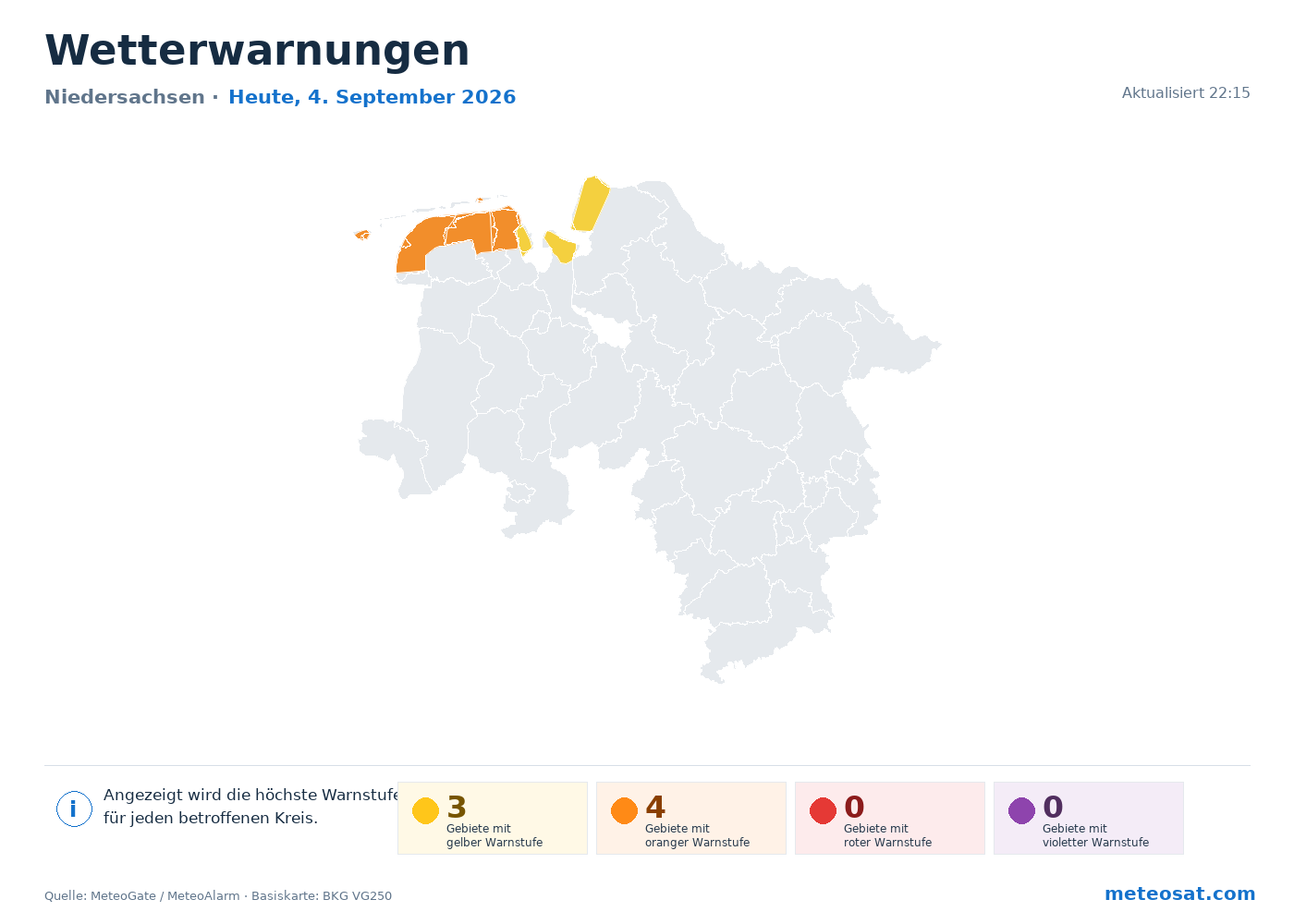 Karte der Wetterwarnungen für Niedersachsen