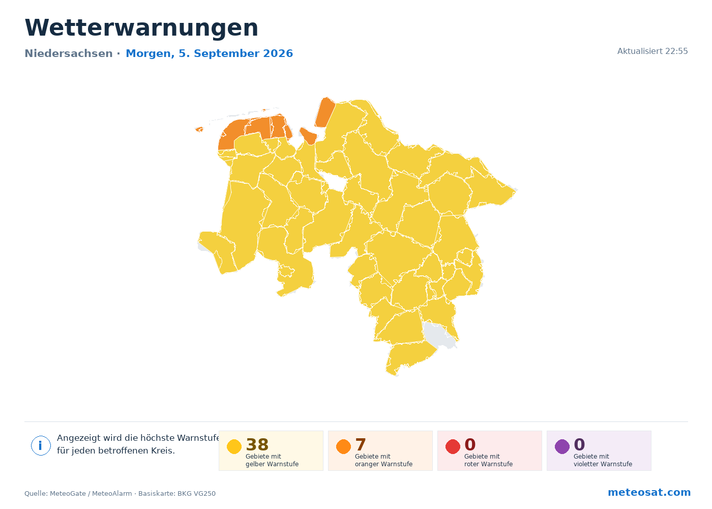 Karte der Wetterwarnungen für Niedersachsen