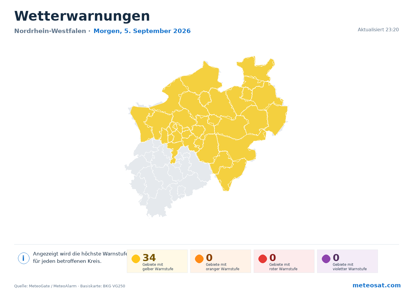 Karte der Wetterwarnungen für Nordrhein-Westfalen