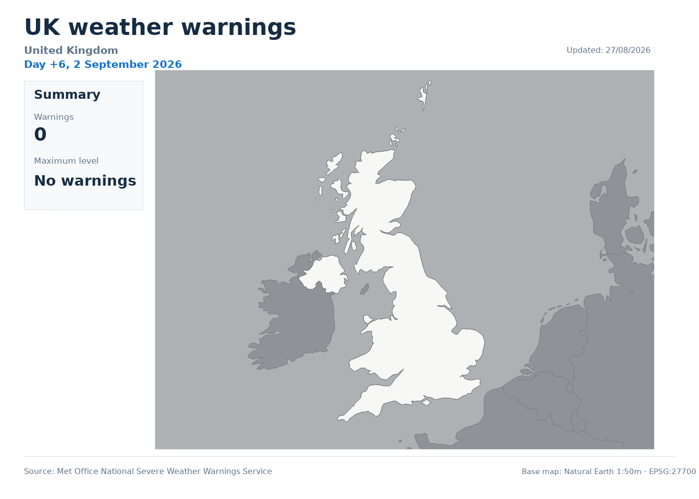 UK weather warnings map for +6 days
