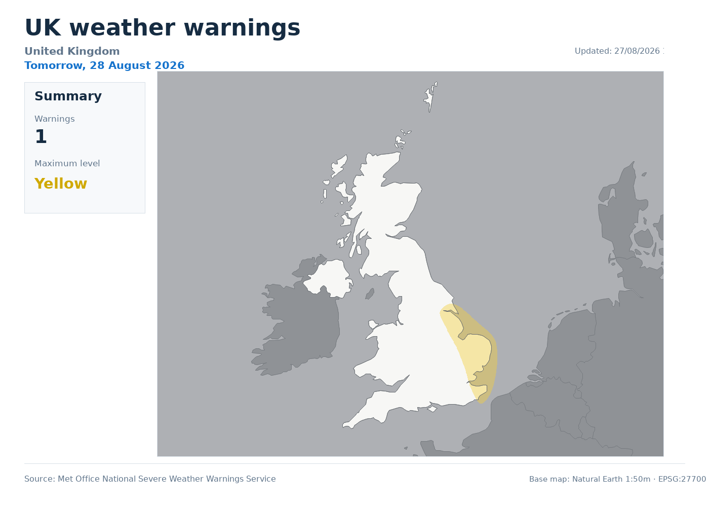 UK weather warnings map for tomorrow