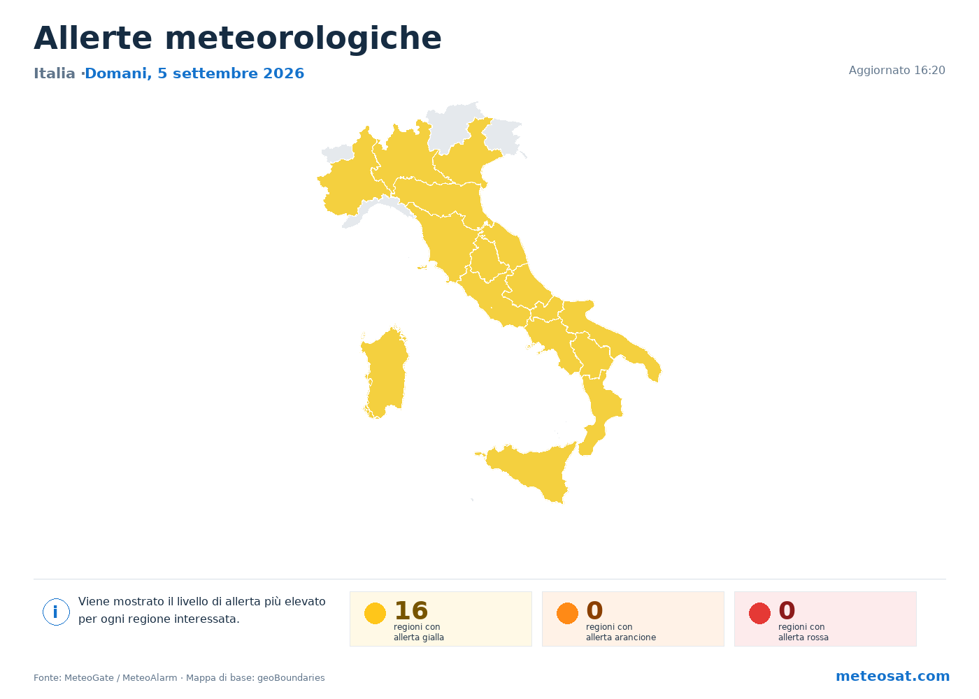 Mappa delle allerte meteorologiche in Italia domani