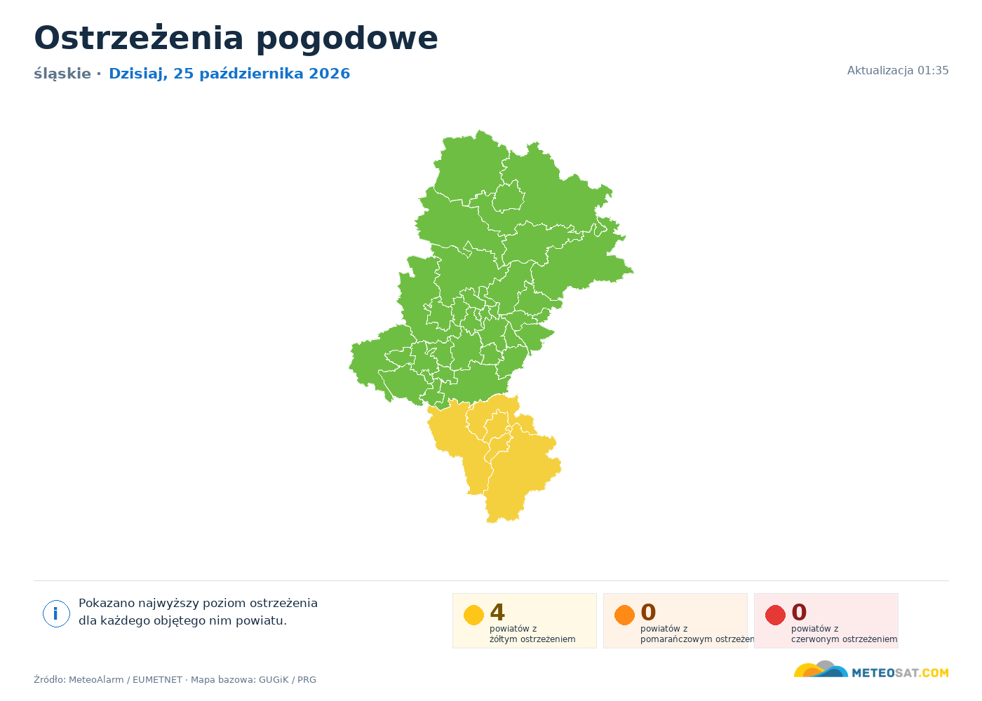 Mapa ostrzeżeń pogodowych — śląskie