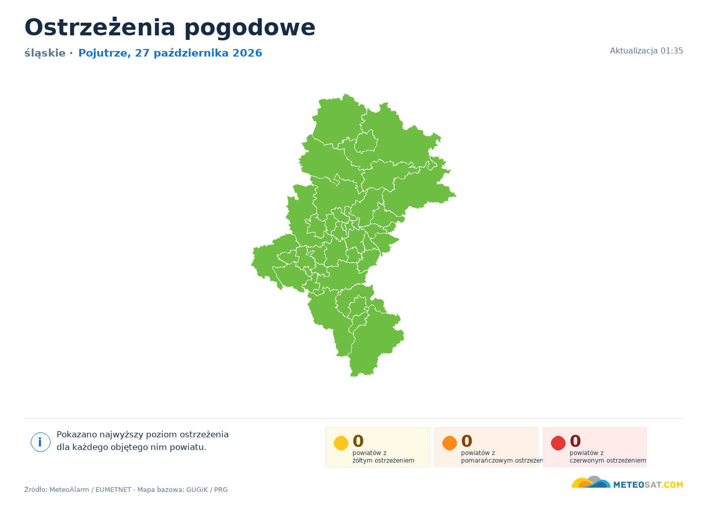 Mapa ostrzeżeń pogodowych — śląskie