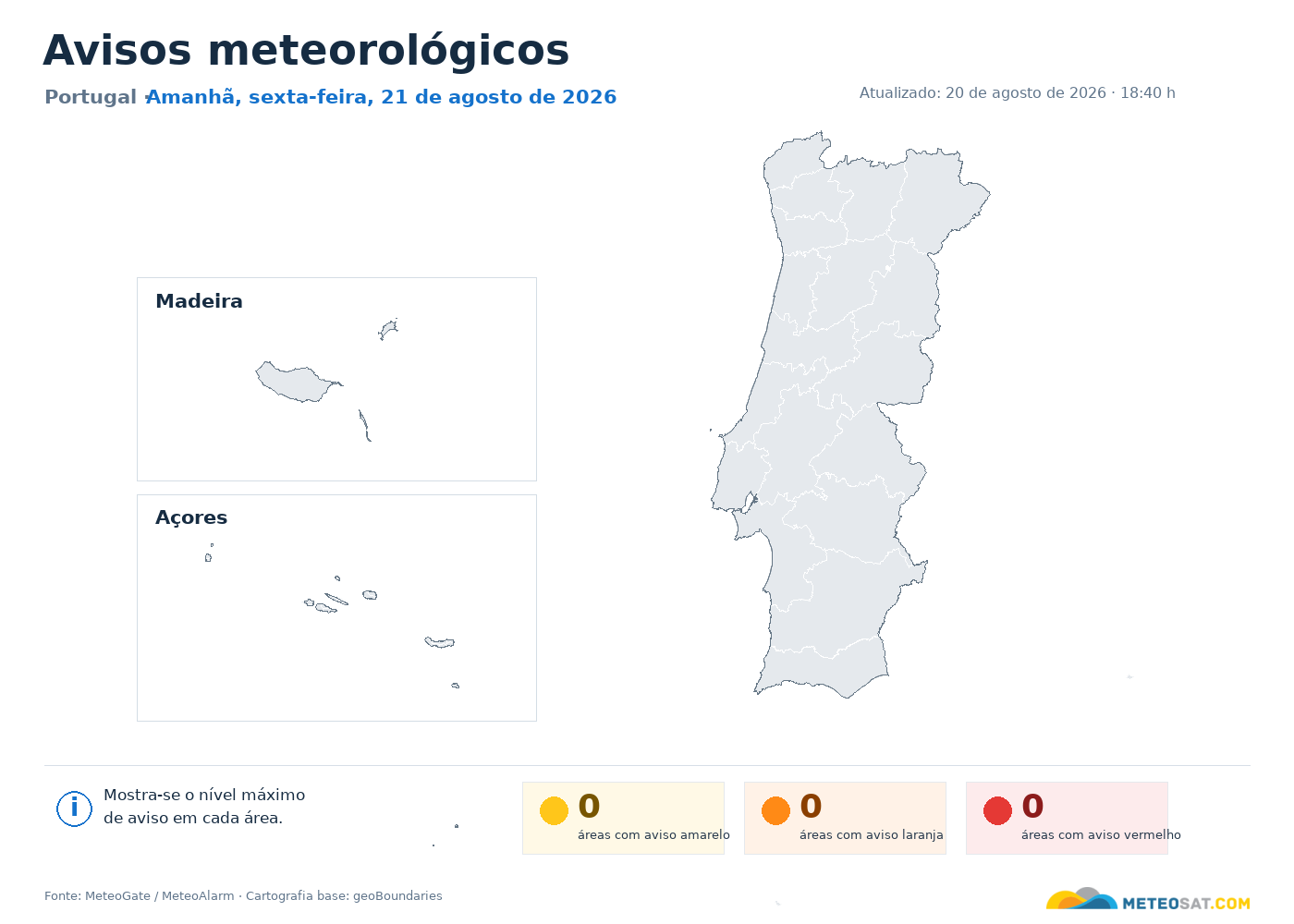 Mapa nacional de avisos meteorológicos em Portugal