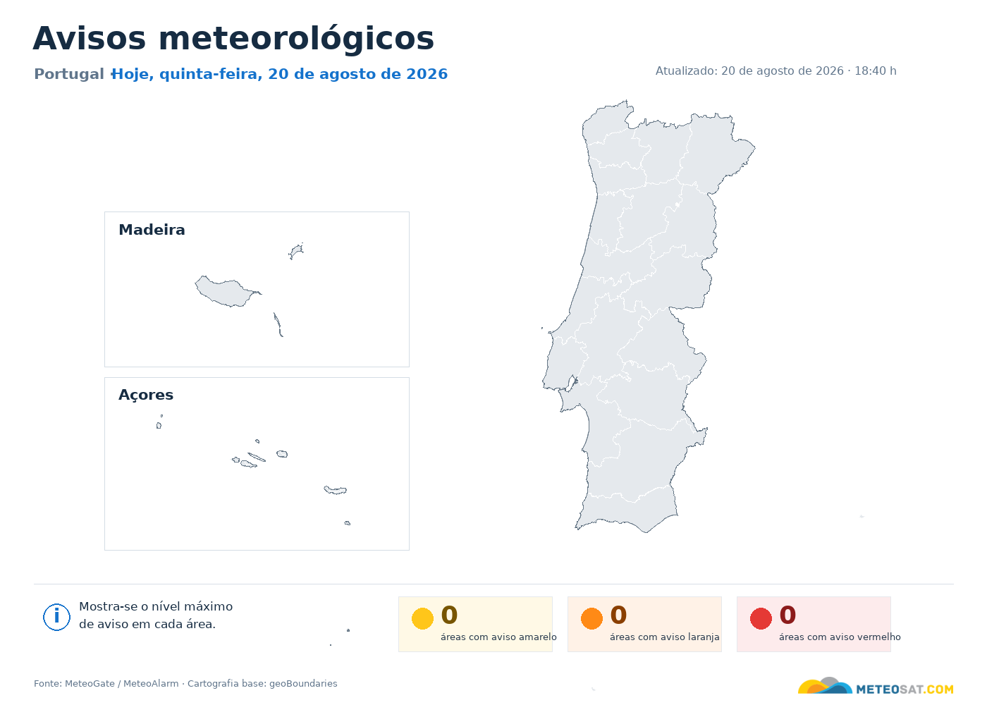 Mapa de avisos meteorológicos em Portugal