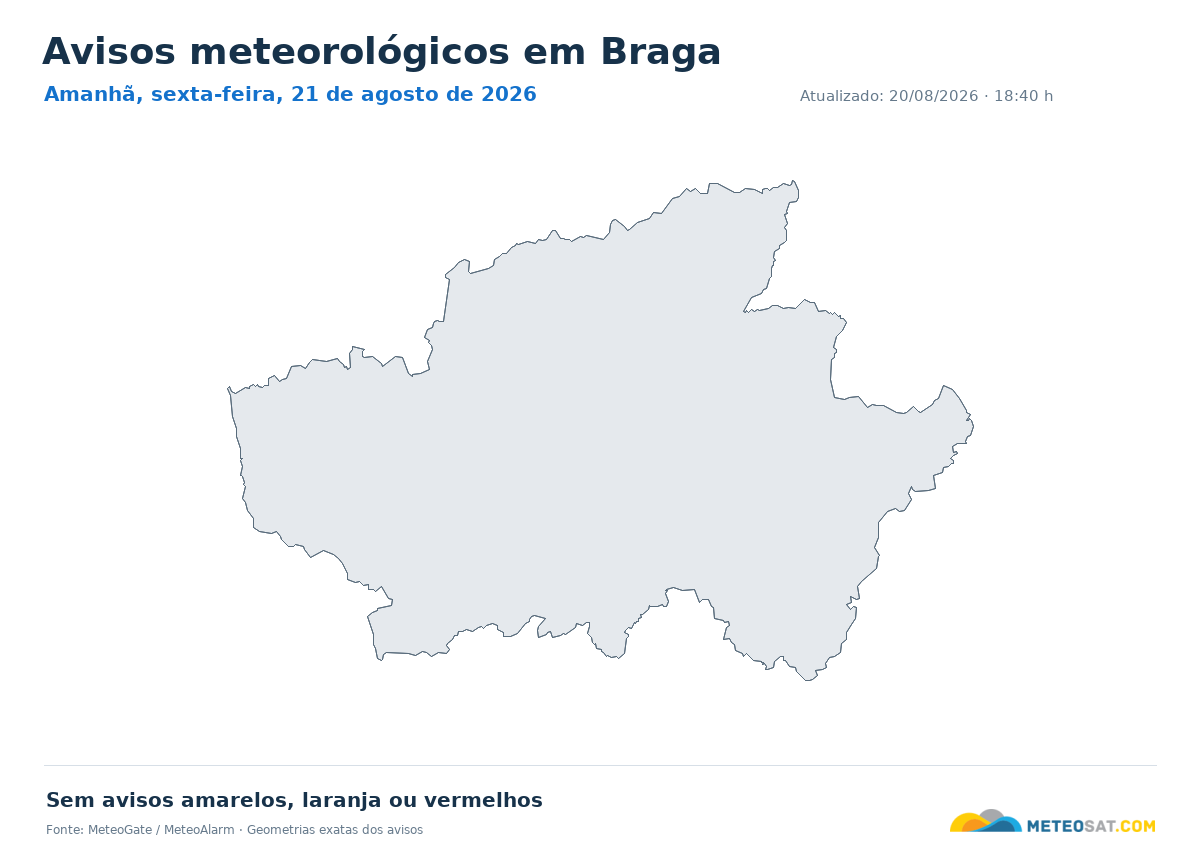 Mapa de avisos meteorológicos em Braga