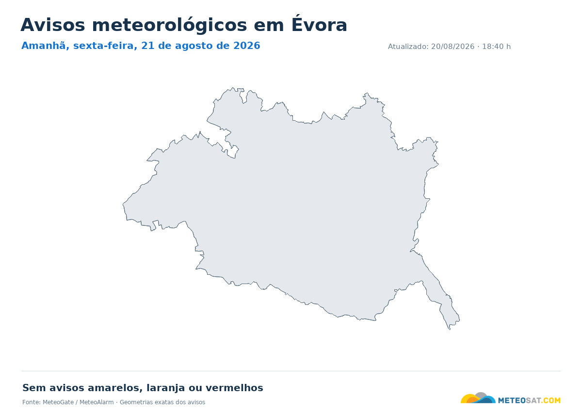 Mapa de avisos meteorológicos em Évora