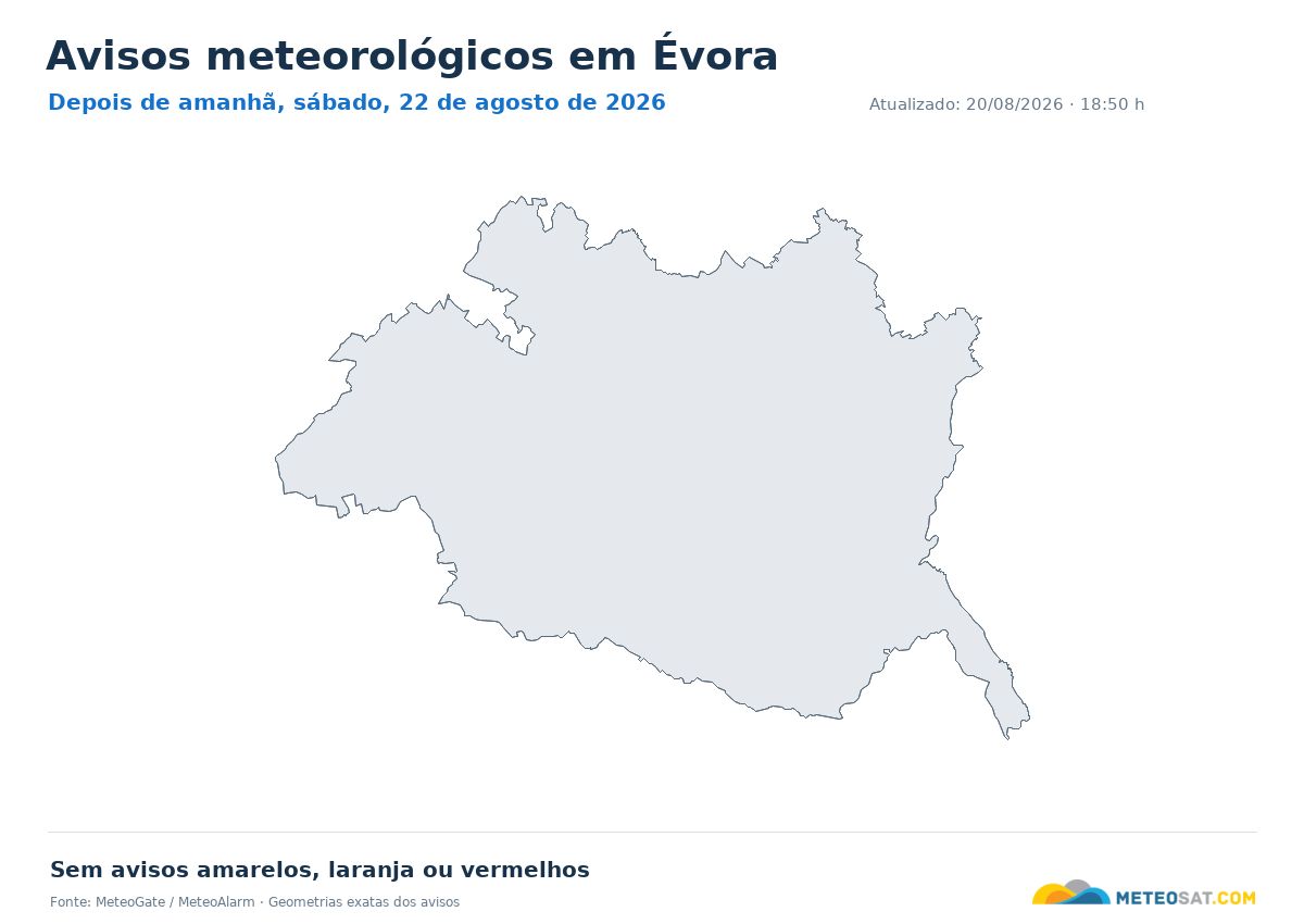 Mapa de avisos meteorológicos em Évora