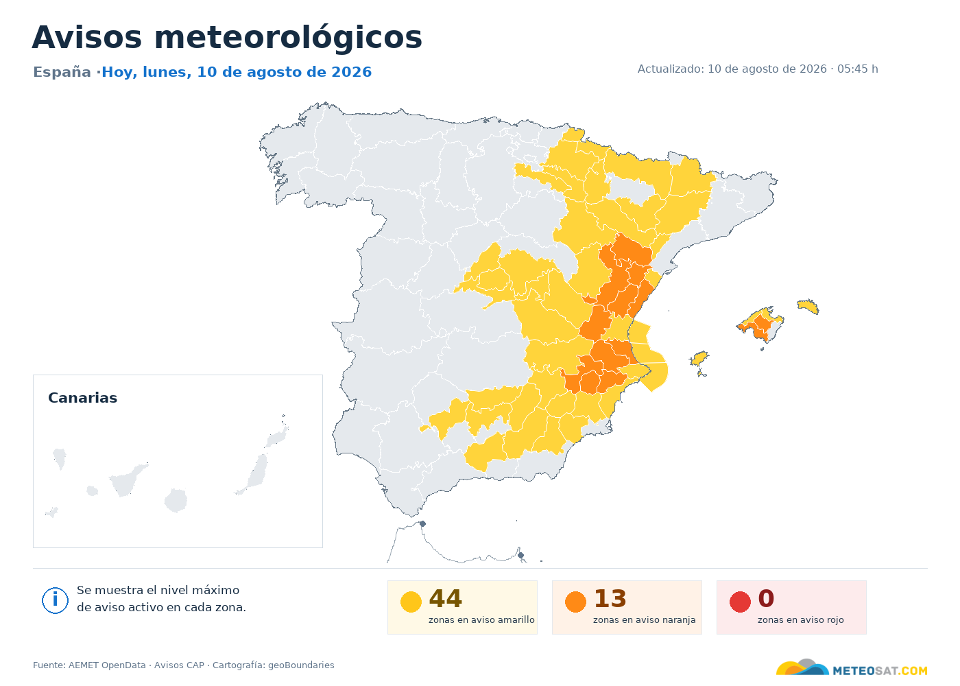 Mapa de avisos meteorol&oacute;gicos de AEMET en Espa&ntilde;a