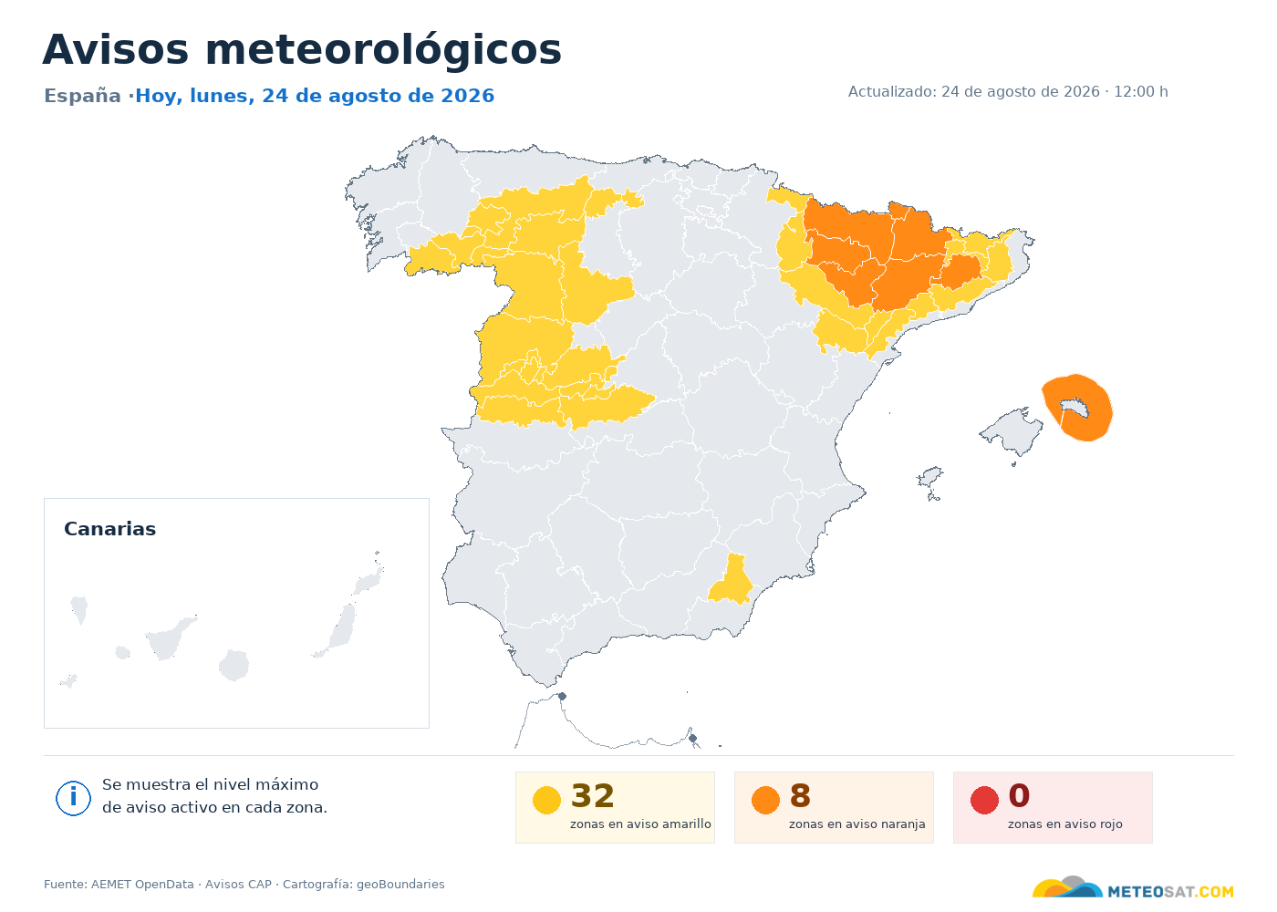 Mapa de avisos meteorológicos de AEMET en España