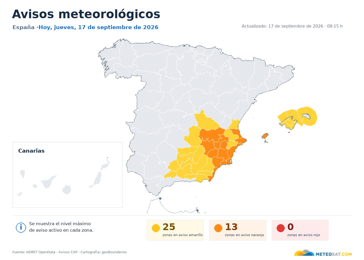 Mapa de avisos meteorológicos de AEMET en España