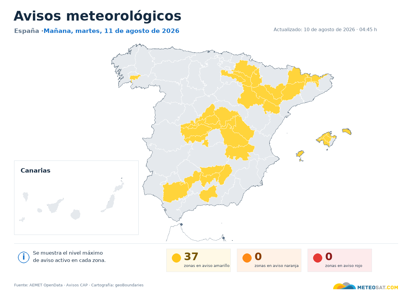 Mapa de avisos meteorológicos de AEMET en España