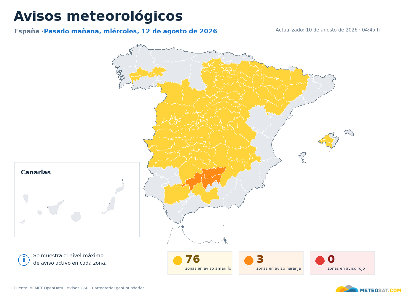 Mapa de avisos meteorológicos de AEMET en España