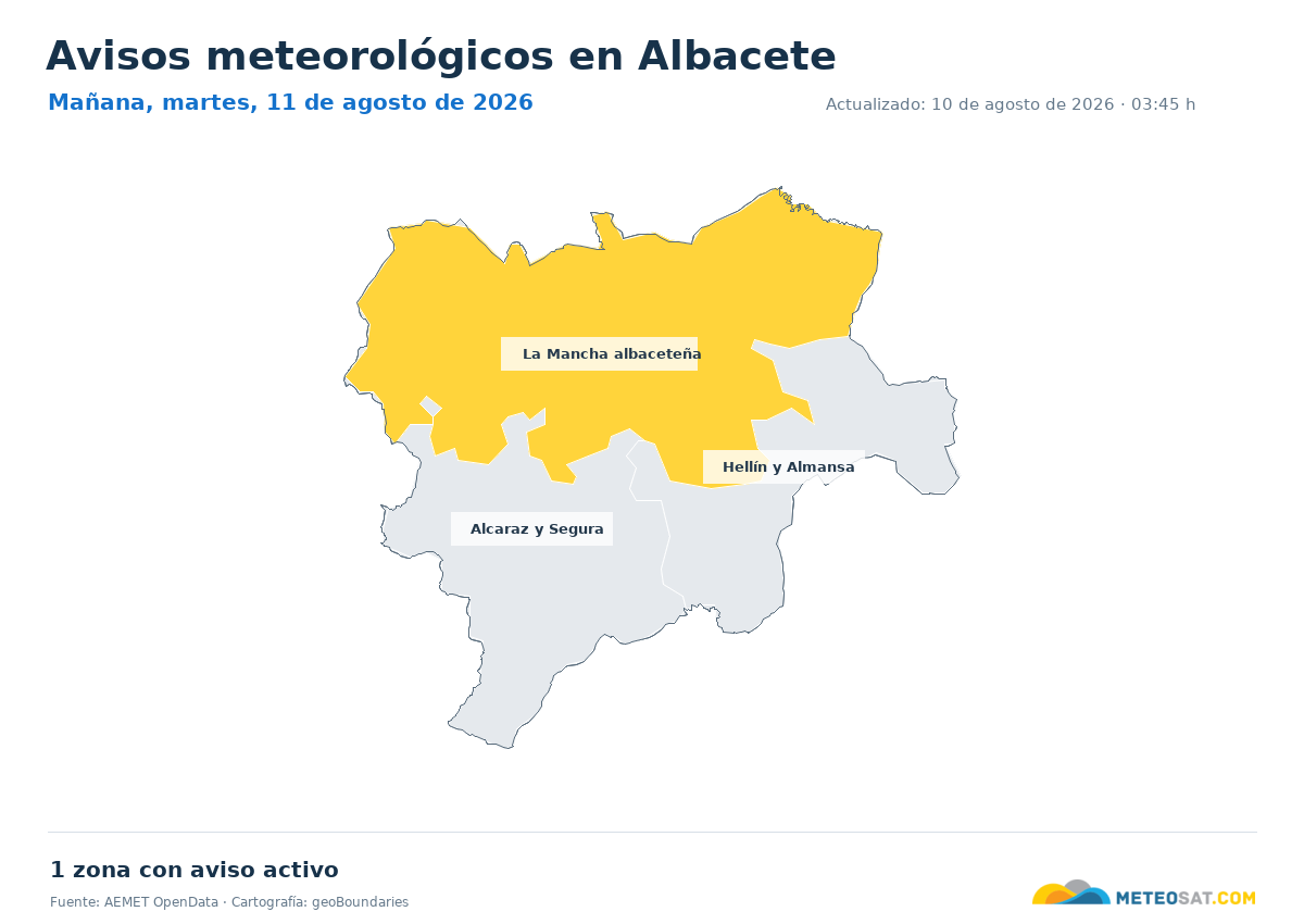 Mapa de avisos meteorol�gicos de AEMET en la provincia de Albacete para ma?ana