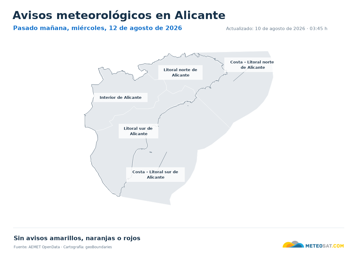 Mapa de avisos meteorol�gicos de AEMET en la provincia de Alicante para pasado ma?ana