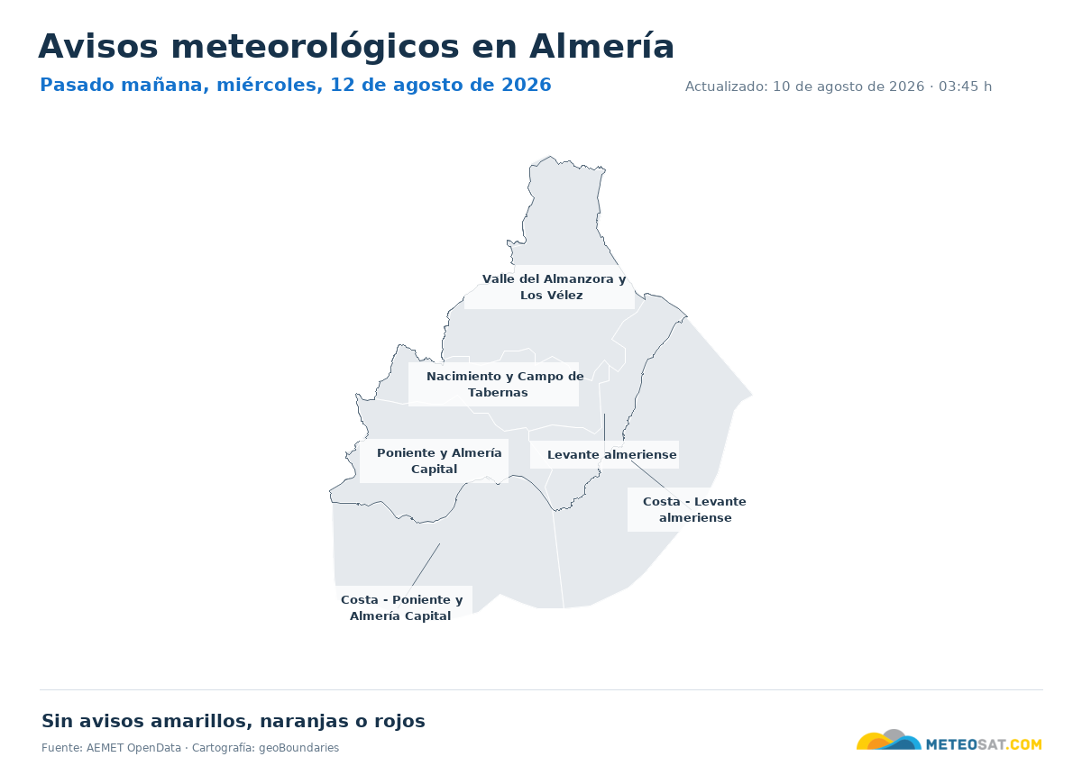 Mapa de avisos meteorol�gicos de AEMET en la provincia de Almer�a para pasado ma?ana