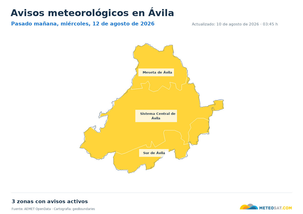 Mapa de avisos meteorol�gicos de AEMET en la provincia de �vila para pasado ma?ana