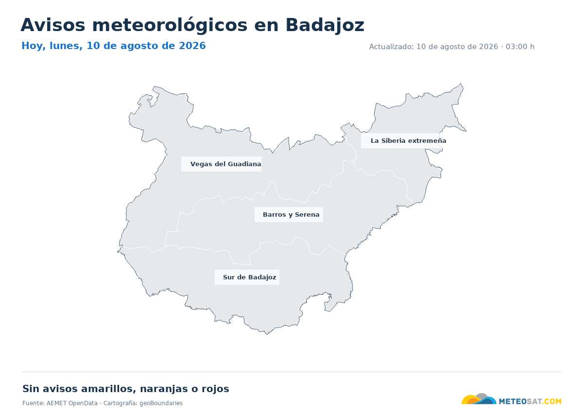 Mapa de avisos meteorol�gicos de AEMET en la provincia de Badajoz para hoy