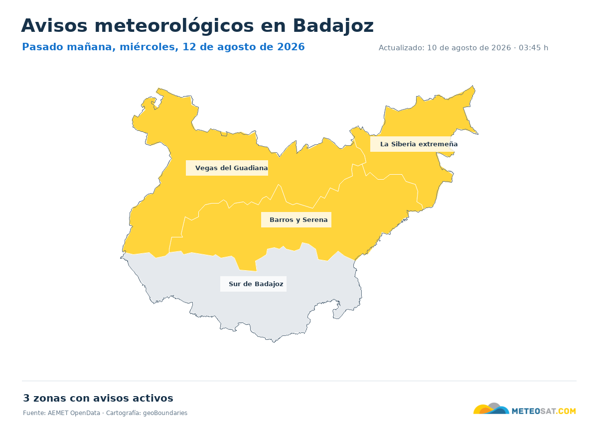 Mapa de avisos meteorol�gicos de AEMET en la provincia de Badajoz para pasado ma?ana