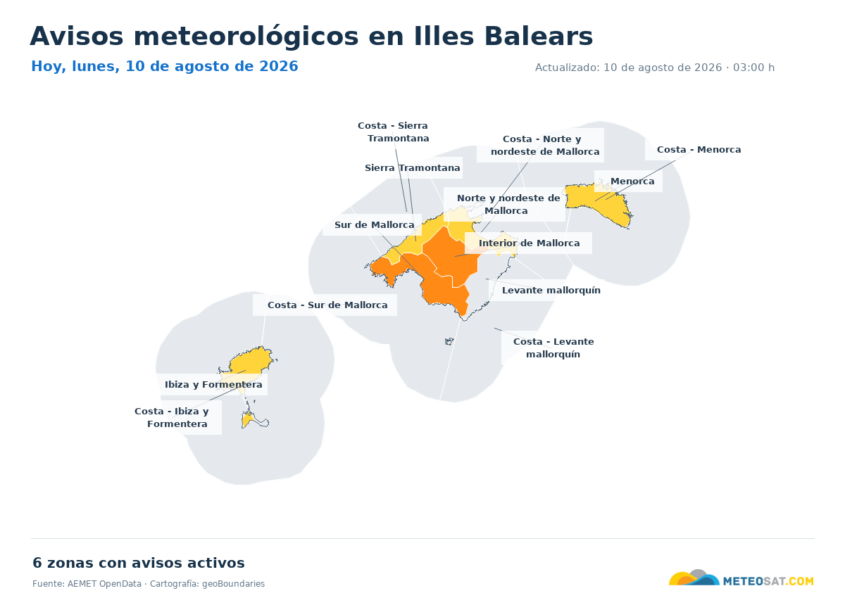 Mapa de avisos meteorol�gicos de AEMET en la provincia de Illes Balears para hoy