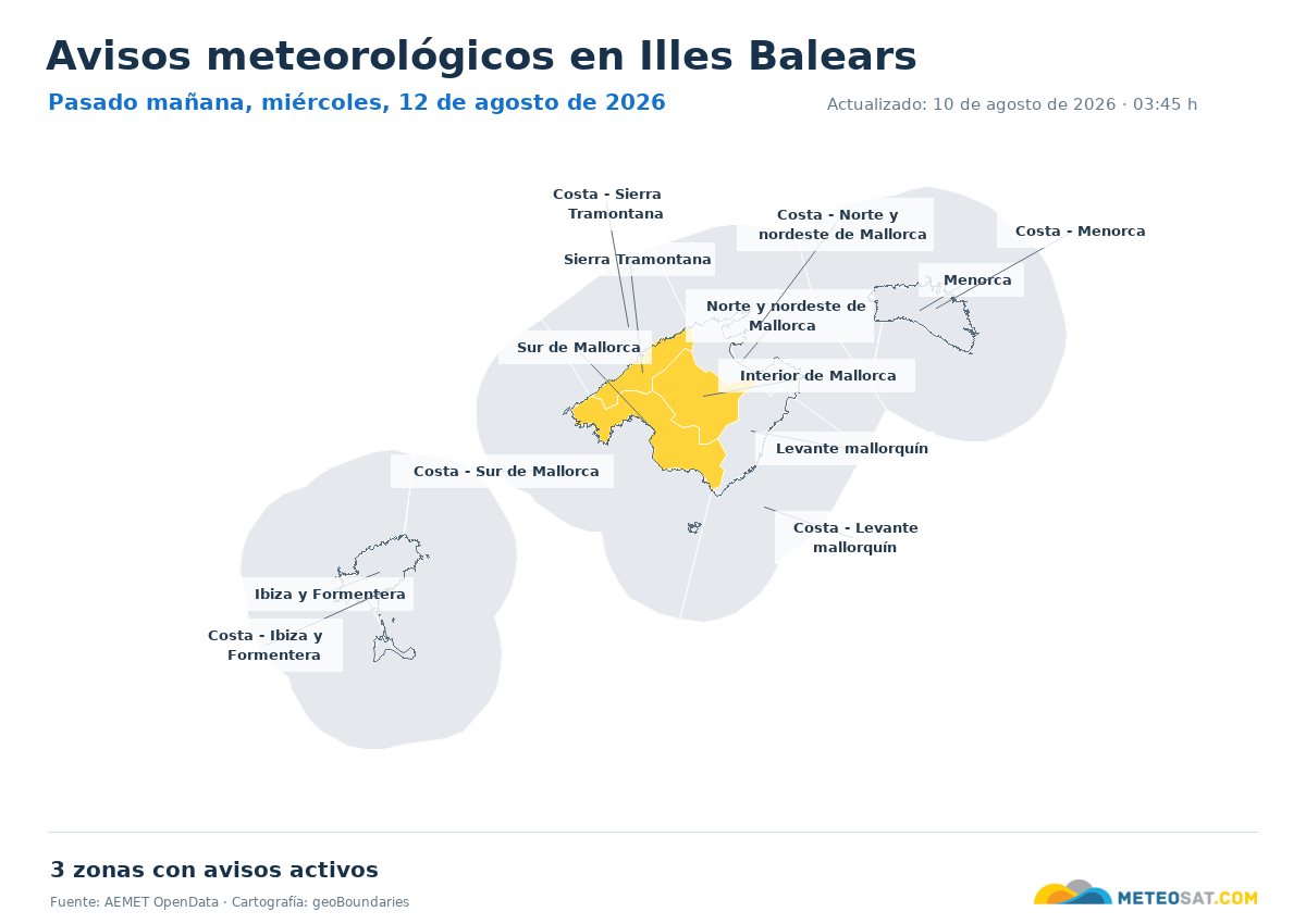 Mapa de avisos meteorol�gicos de AEMET en la provincia de Illes Balears para pasado ma?ana