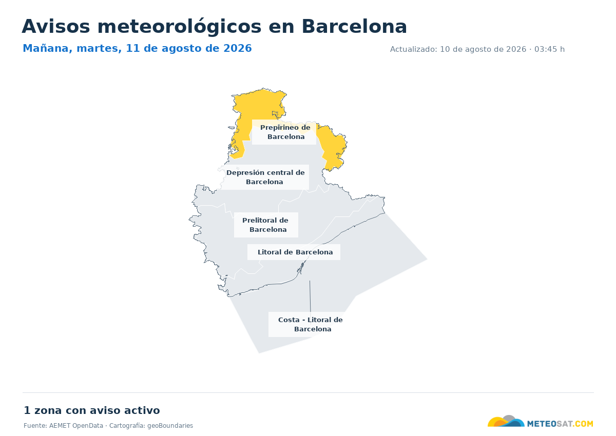 Mapa de avisos meteorol�gicos de AEMET en la provincia de Barcelona para ma?ana