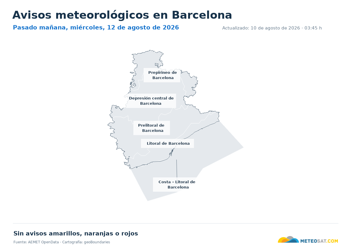 Mapa de avisos meteorol�gicos de AEMET en la provincia de Barcelona para pasado ma?ana