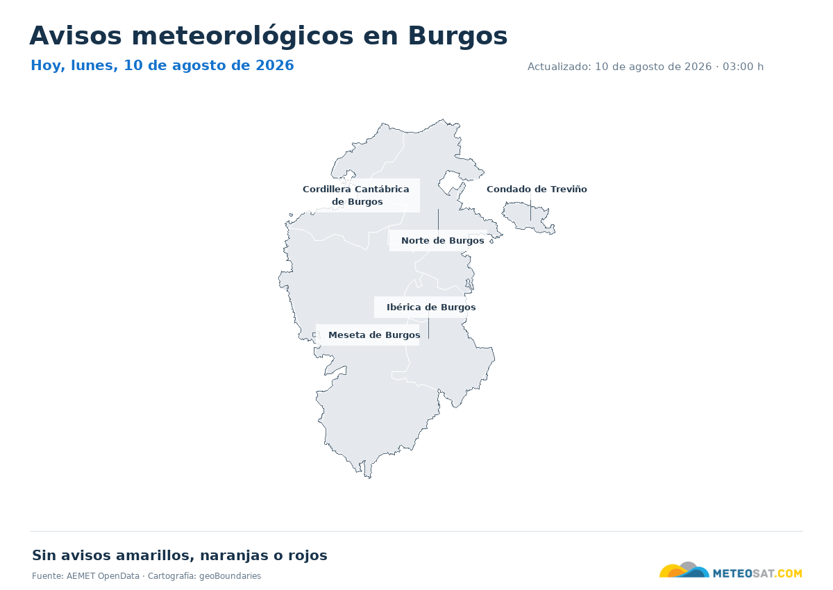 Mapa de avisos meteorol�gicos de AEMET en la provincia de Burgos para hoy
