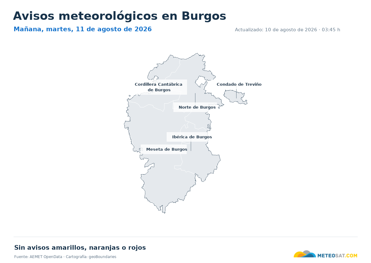 Mapa de avisos meteorol�gicos de AEMET en la provincia de Burgos para ma?ana