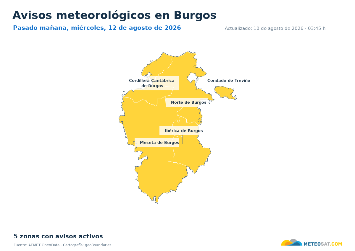 Mapa de avisos meteorol�gicos de AEMET en la provincia de Burgos para pasado ma?ana
