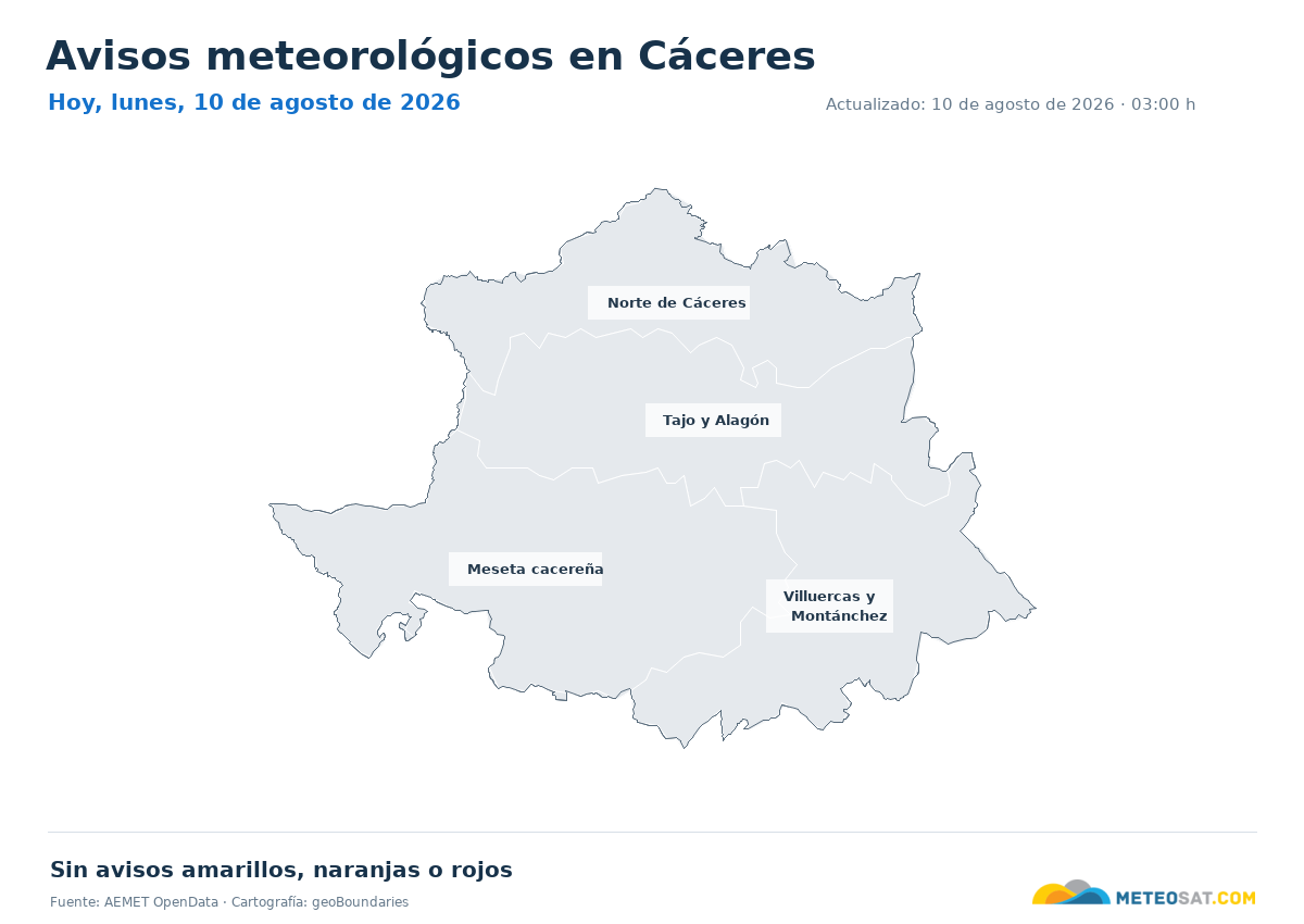 Mapa de avisos meteorol�gicos de AEMET en la provincia de C�ceres para hoy