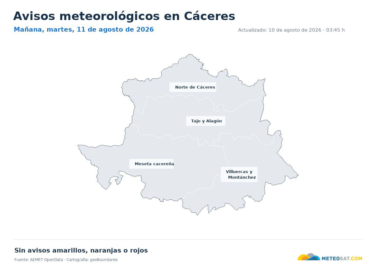 Mapa de avisos meteorol�gicos de AEMET en la provincia de C�ceres para ma?ana