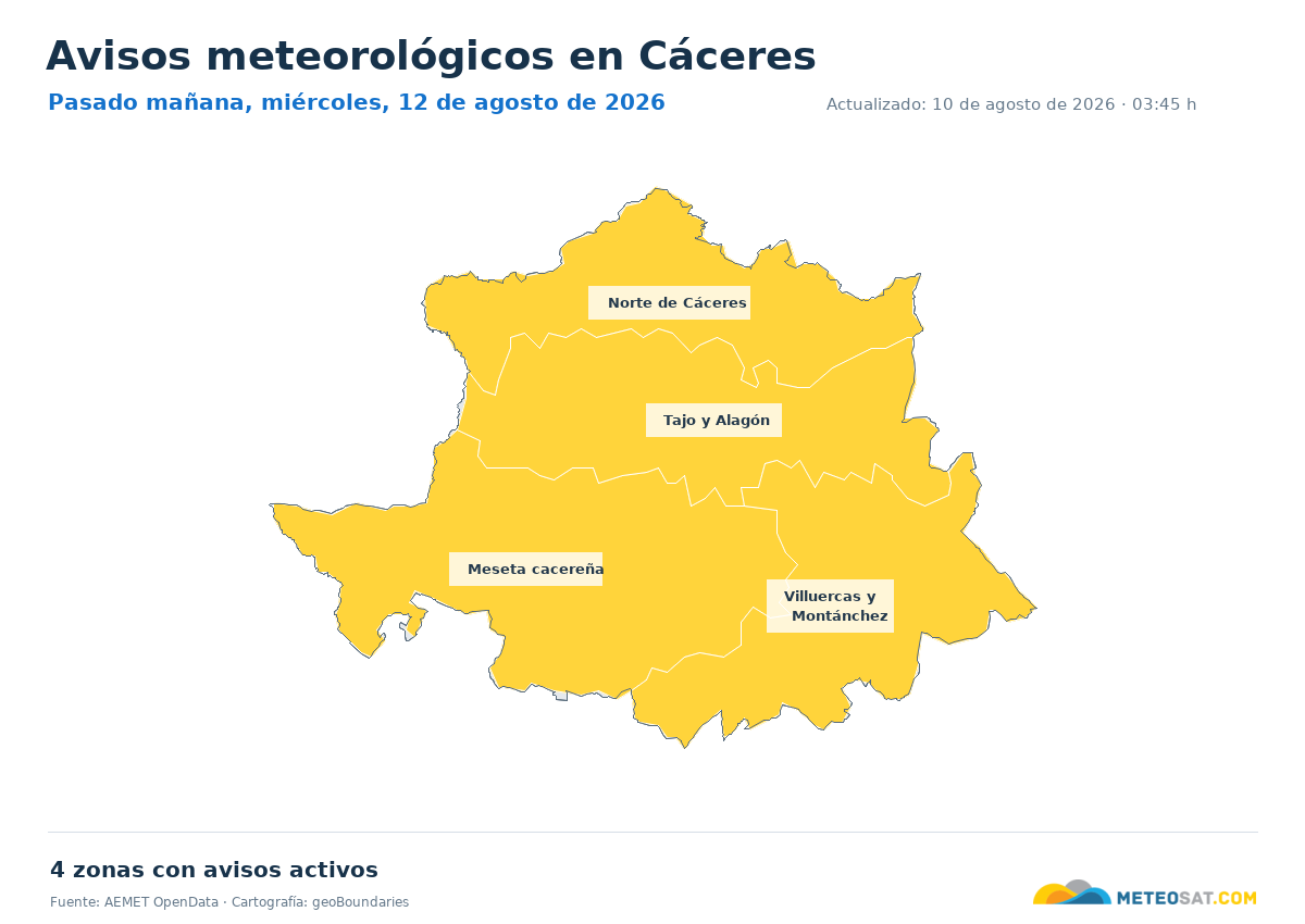 Mapa de avisos meteorol�gicos de AEMET en la provincia de C�ceres para pasado ma?ana