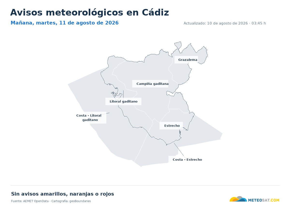 Mapa de avisos meteorol�gicos de AEMET en la provincia de C�diz para ma?ana