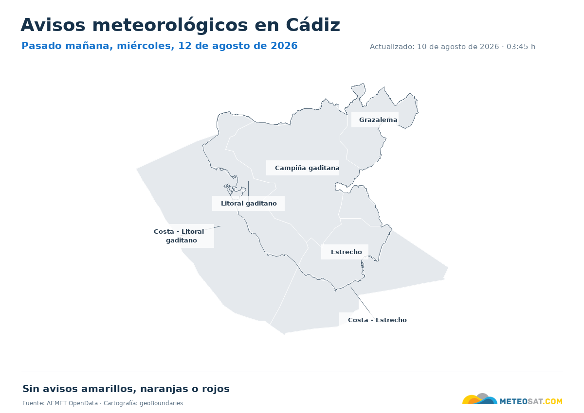 Mapa de avisos meteorol�gicos de AEMET en la provincia de C�diz para pasado ma?ana