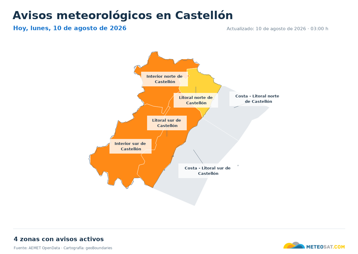 Mapa de avisos meteorol�gicos de AEMET en la provincia de Castell�n para hoy