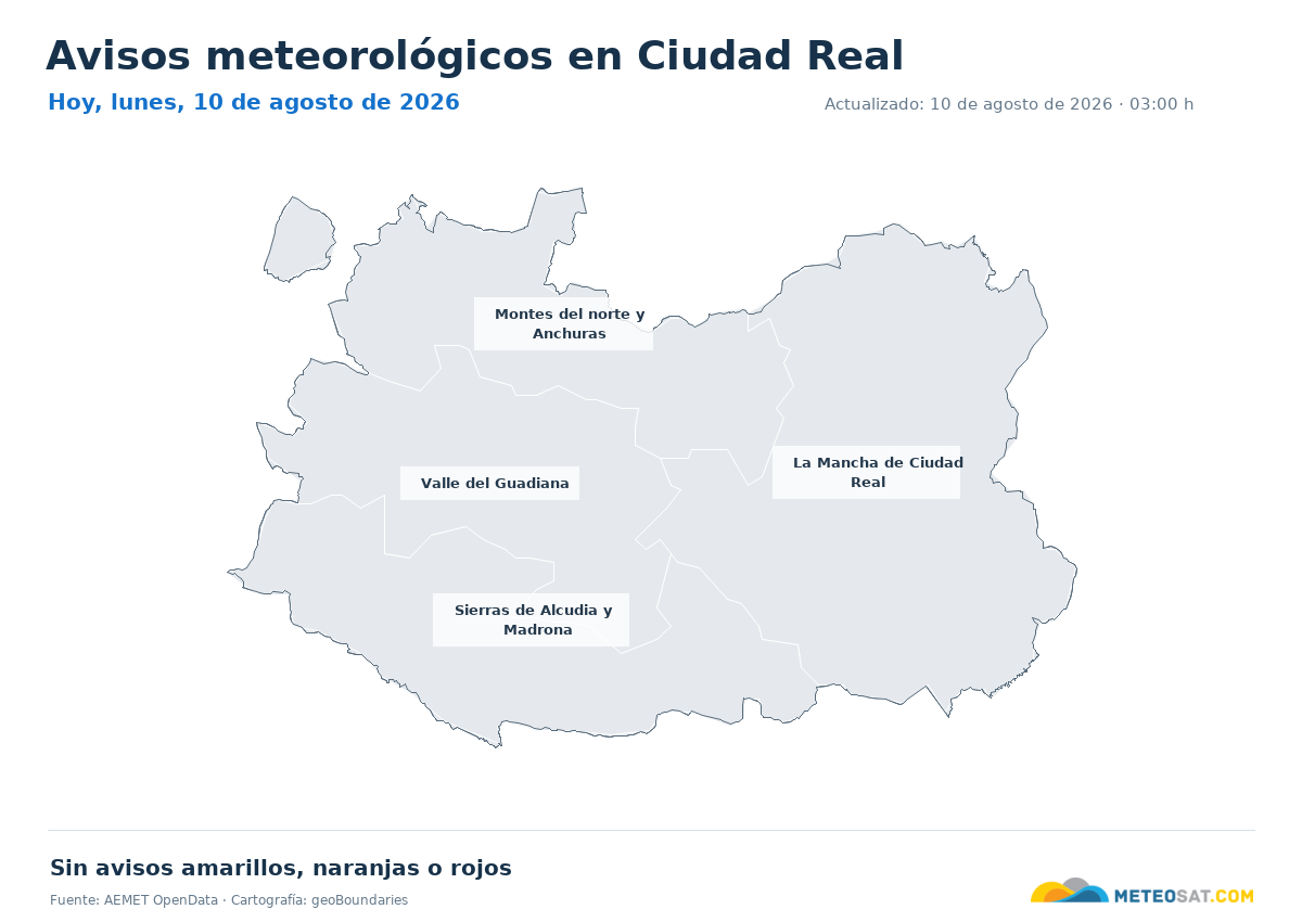 Mapa de avisos meteorol�gicos de AEMET en la provincia de Ciudad Real para hoy