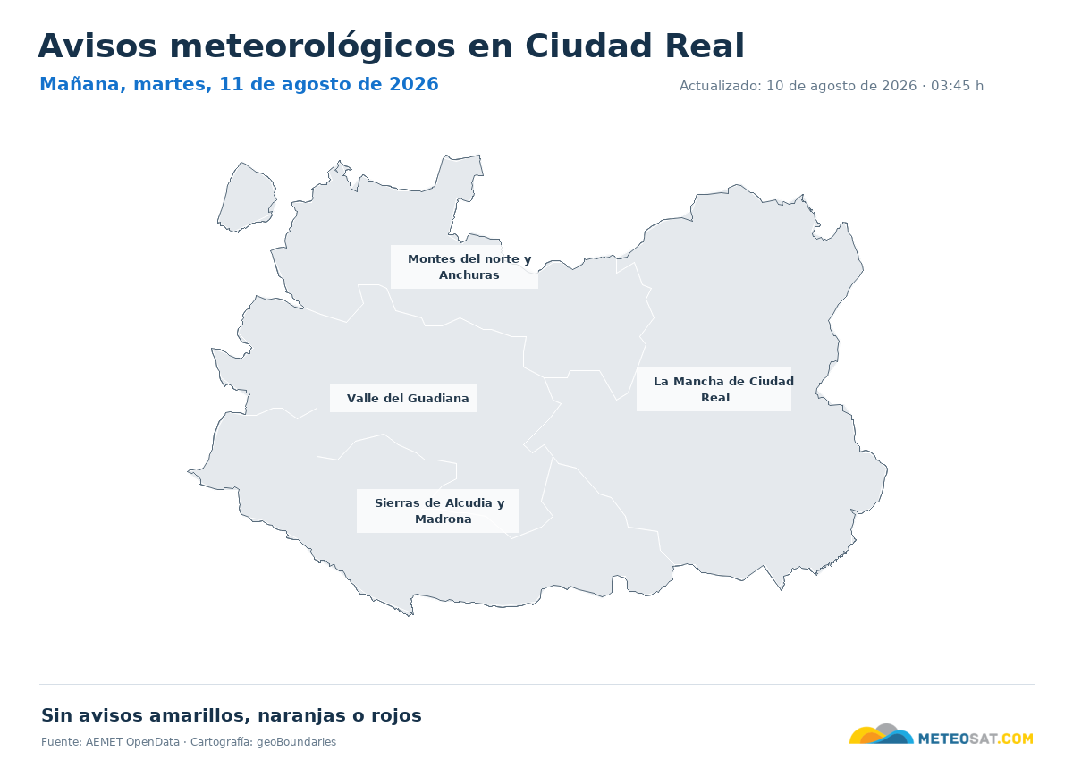 Mapa de avisos meteorol�gicos de AEMET en la provincia de Ciudad Real para ma?ana