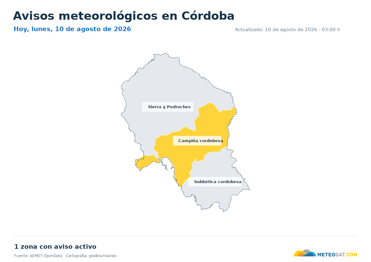 Mapa de avisos meteorol�gicos de AEMET en la provincia de C�rdoba para hoy