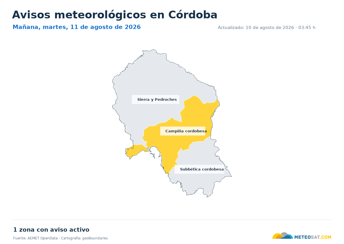 Mapa de avisos meteorol�gicos de AEMET en la provincia de C�rdoba para ma?ana