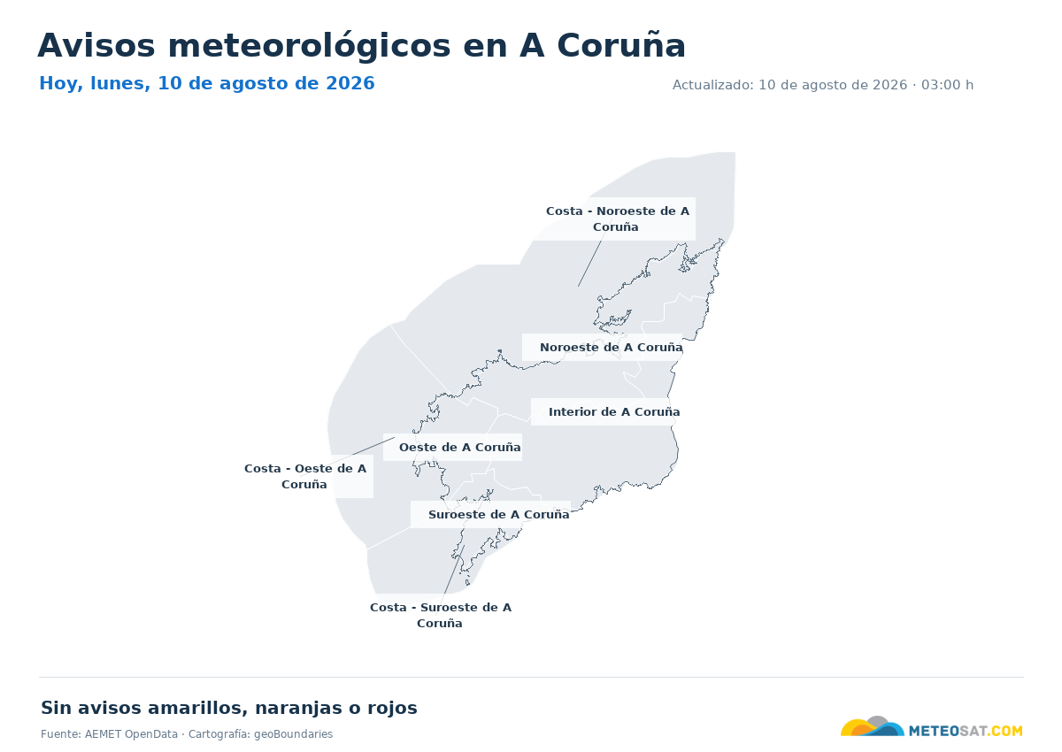 Mapa de avisos meteorol�gicos de AEMET en la provincia de A Coru�a para hoy