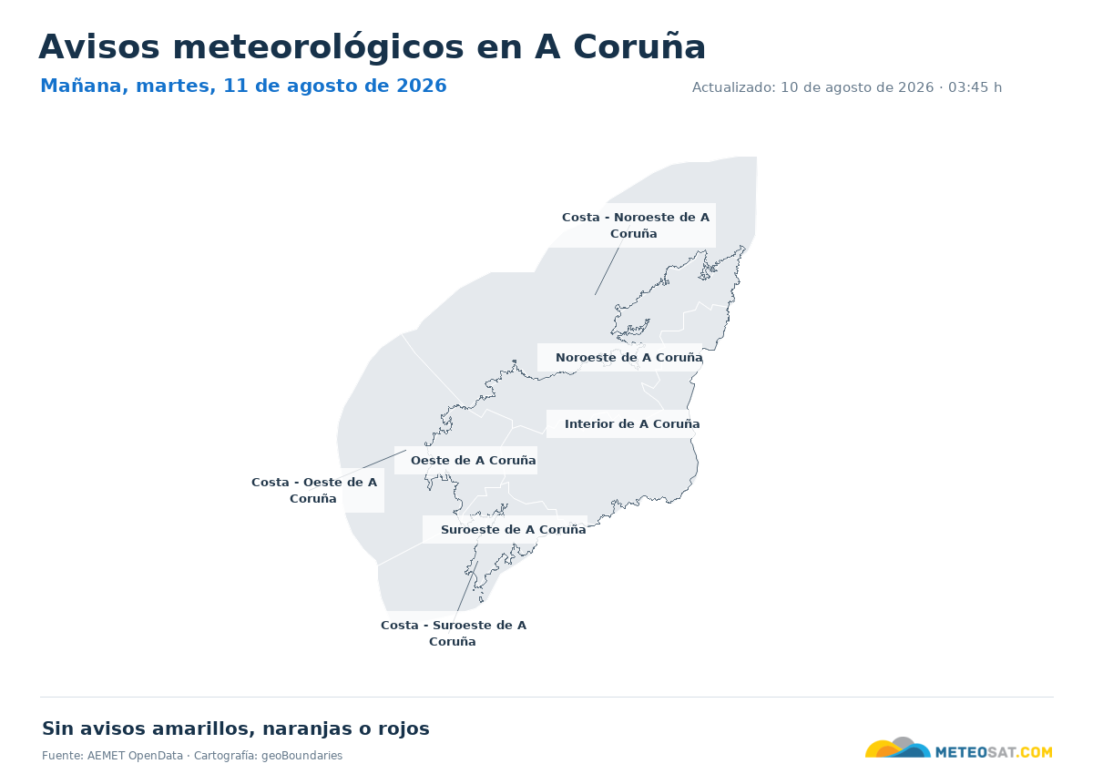 Mapa de avisos meteorol�gicos de AEMET en la provincia de A Coru�a para ma?ana