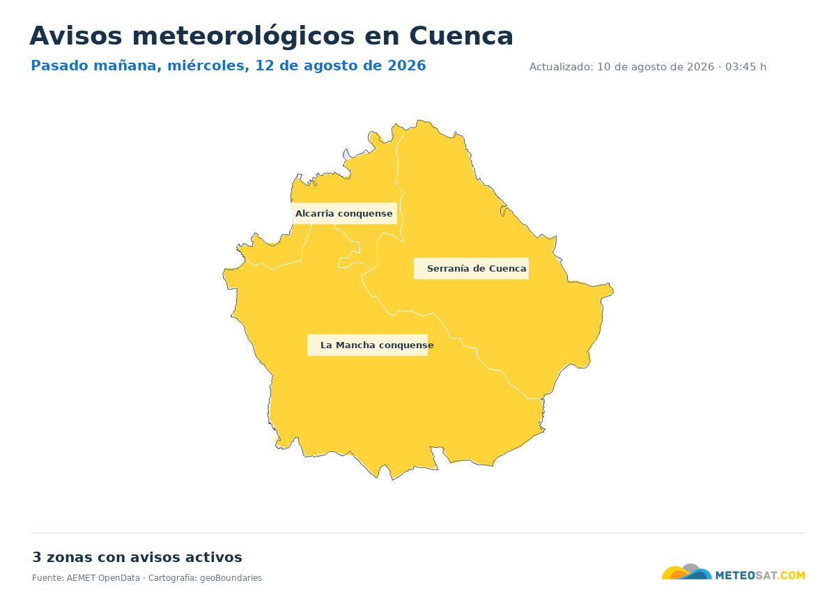 Mapa de avisos meteorol�gicos de AEMET en la provincia de Cuenca para pasado ma?ana