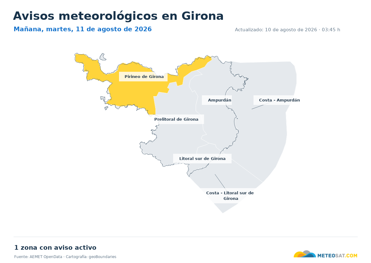 Mapa de avisos meteorol�gicos de AEMET en la provincia de Girona para ma?ana