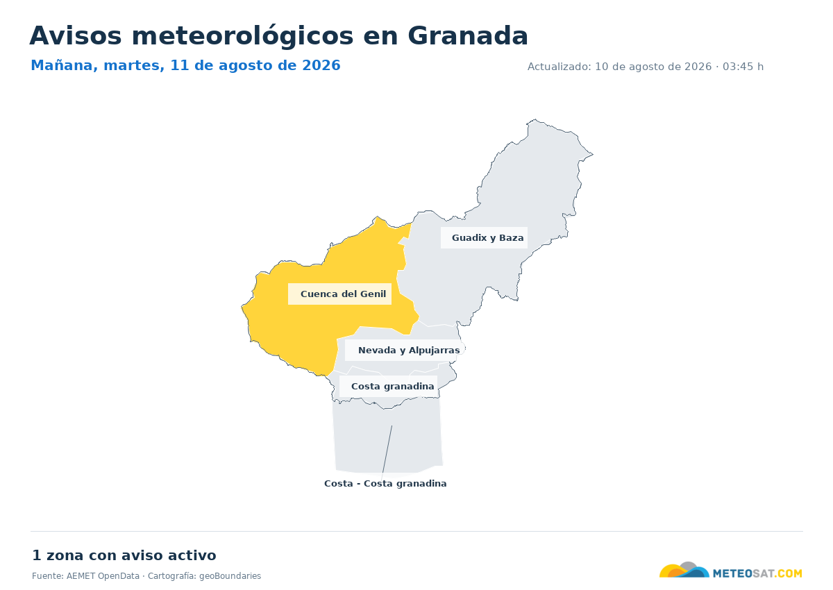 Mapa de avisos meteorol�gicos de AEMET en la provincia de Granada para ma?ana