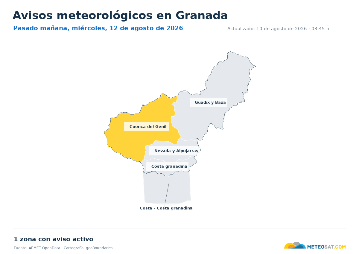 Mapa de avisos meteorol�gicos de AEMET en la provincia de Granada para pasado ma?ana